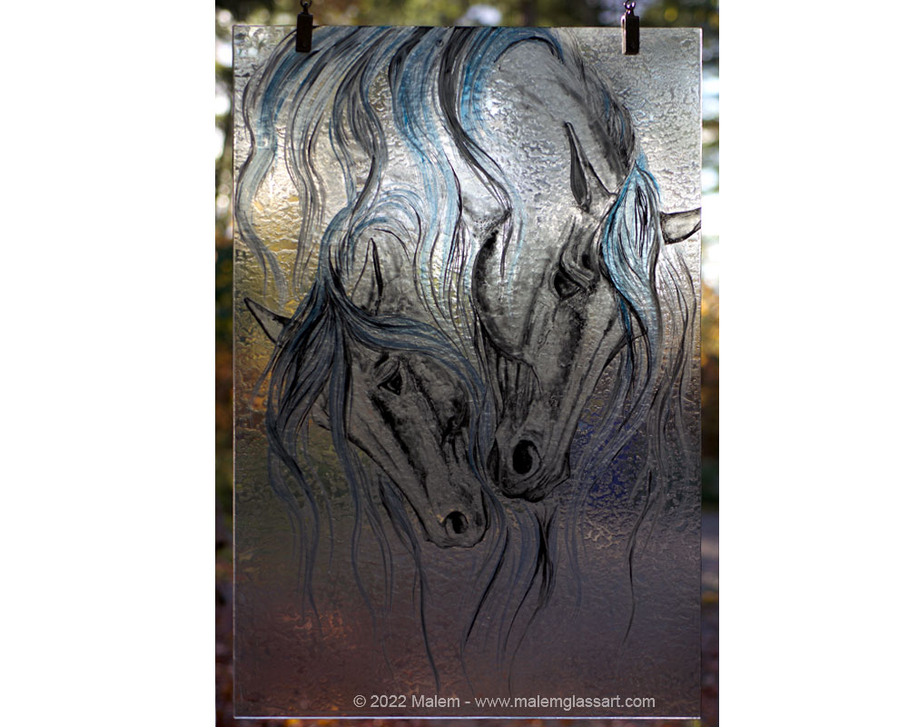 2 horses Stained Glass Painting on a fall afternoon