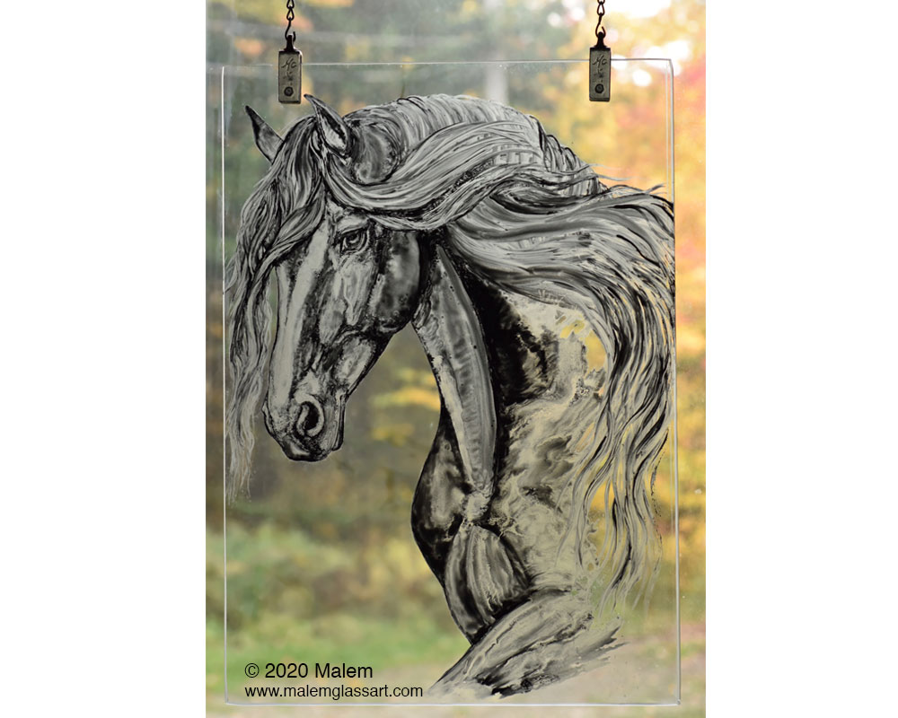 Friesian Mare Stained Glass Painting fall afternoon