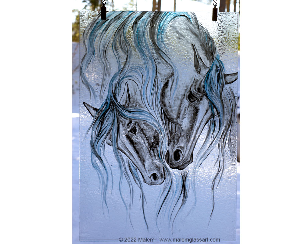 2 horses Stained Glass Painting on a winter day